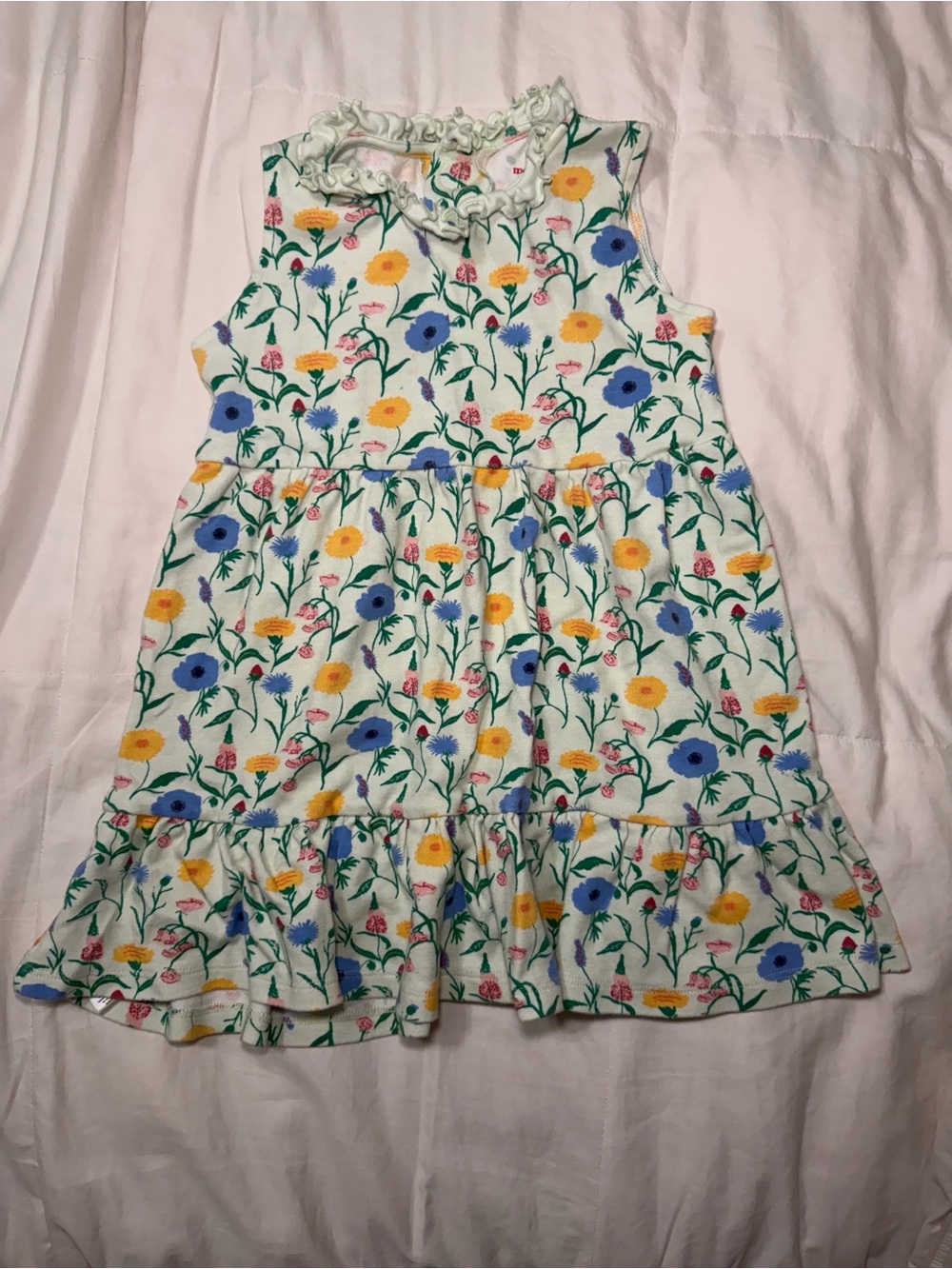 Magnetic Me Floral Ruffle-Hem Dress - White with Blue & Yellow Flowers